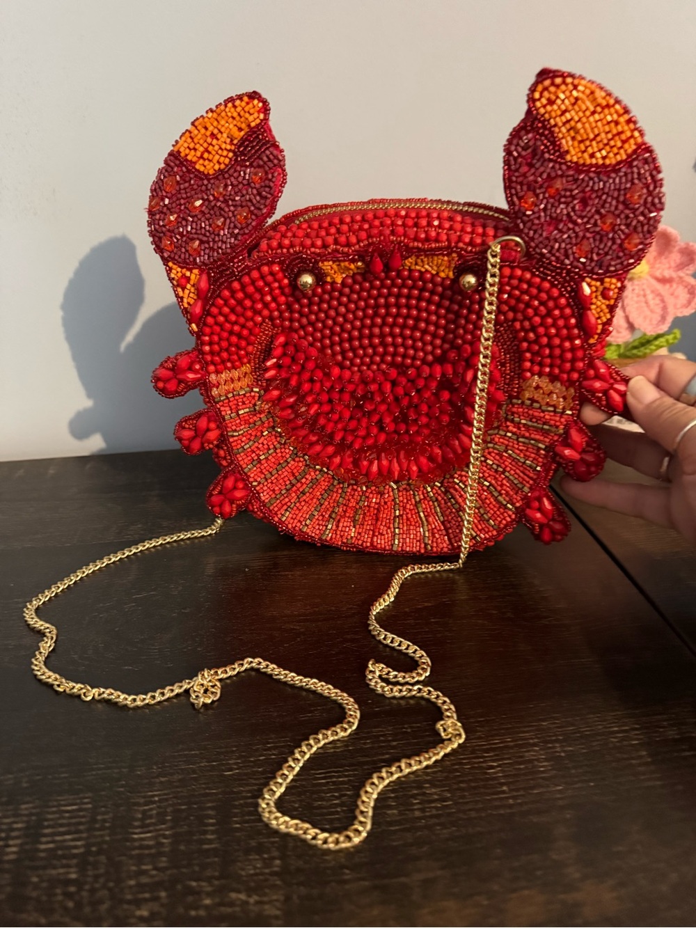 Hand-Beaded Red Crab Crossbody Bag